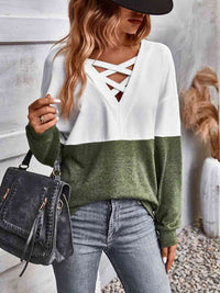 Thumbnail for Two-Tone Crisscross Detail Sweatshirt