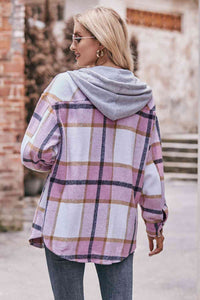 Thumbnail for Plaid Dropped Shoulder Hooded Jacket