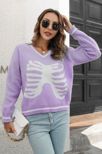 Thumbnail for Skeleton Pattern V-Neck Long Sleeve Pullover Sweater