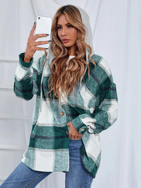 Thumbnail for Plaid Hooded Jacket with Pockets