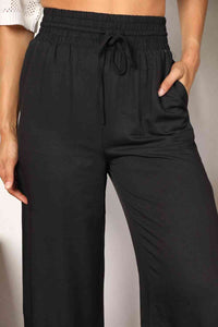 Thumbnail for Double Take Drawstring Smocked Waist Wide Leg Pants