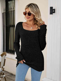 Thumbnail for Square Neck Ribbed Long Sleeve T-Shirt