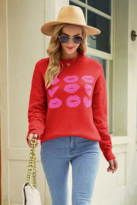 Thumbnail for Contrast Lip Pattern Round Neck Slit Sweater