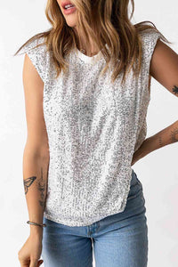 Thumbnail for Sequin Round Neck Capped Sleeve Tank