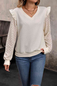 Thumbnail for V-Neck Ruffle Trim Long Sleeve Sweatshirt