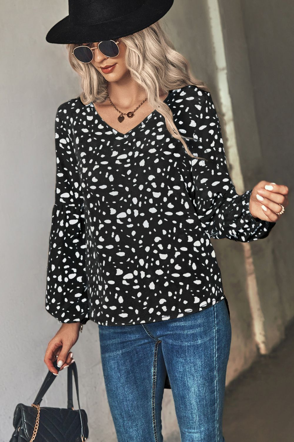 Animal Print V-Neck High-Low Blouse