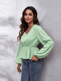 Thumbnail for V-Neck Balloon Sleeve Peplum Blouse