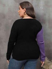 Thumbnail for Plus Size Two-Tone Surplice Neck Sweater