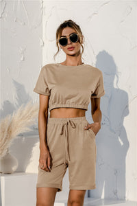 Thumbnail for Short Sleeve Cropped Top and Drawstring Shorts Lounge Set