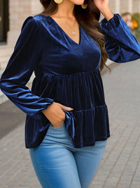 Thumbnail for V-Neck Balloon Sleeve Peplum Blouse