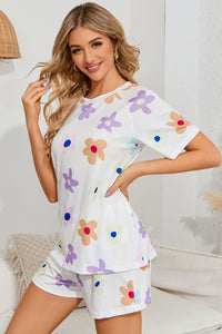 Thumbnail for Floral Round Neck Raglan Sleeve Top and Shorts Lounge Set