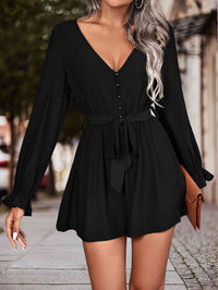 Thumbnail for Long Flounce Sleeve V-Neck Romper