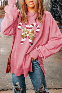 Thumbnail for Sequin Candy Cane Round Neck Slit Sweatshirt