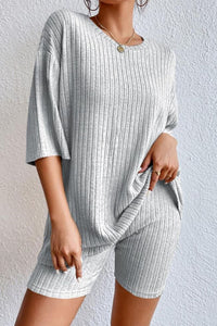 Thumbnail for Round Neck Ribbed Top and Shorts Lounge Set