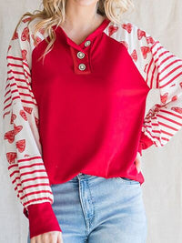 Thumbnail for Heart Striped Quarter Button Long Sleeve T-Shirt