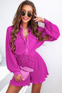 Thumbnail for Pleated Half Button Drawstring Romper