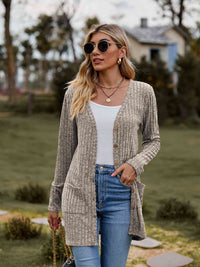 Thumbnail for Ribbed Button-Up Cardigan with Pockets