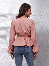 Thumbnail for V-Neck Balloon Sleeve Peplum Blouse