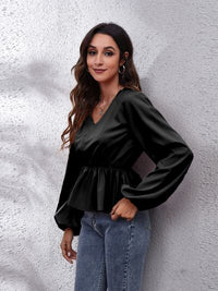 Thumbnail for V-Neck Balloon Sleeve Peplum Blouse