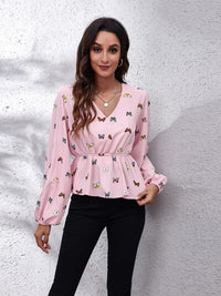 Thumbnail for Butterfly V-Neck Balloon Sleeve Peplum Blouse