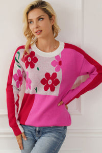 Thumbnail for Floral Round Neck Dropped Shoulder Sweater