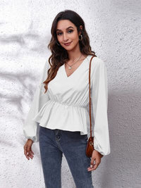 Thumbnail for V-Neck Balloon Sleeve Peplum Blouse