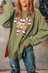 Thumbnail for Sequin Candy Cane Round Neck Slit Sweatshirt