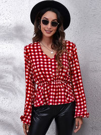 Thumbnail for Plaid V-Neck Balloon Sleeve Peplum Blouse