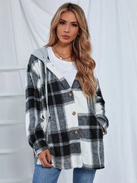 Thumbnail for Plaid Hooded Jacket with Pockets