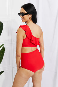 Thumbnail for Marina West Swim Seaside Romance Ruffle One-Shoulder Bikini in Red