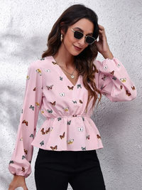 Thumbnail for Butterfly V-Neck Balloon Sleeve Peplum Blouse