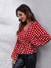 Thumbnail for Plaid V-Neck Balloon Sleeve Peplum Blouse