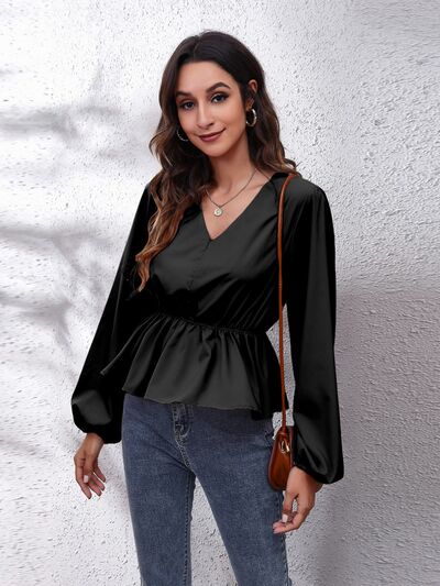 V-Neck Balloon Sleeve Peplum Blouse