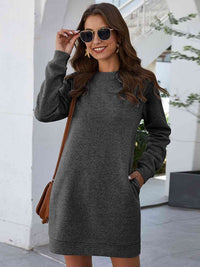 Thumbnail for Round Neck Long Sleeve Mini Dress with Pockets