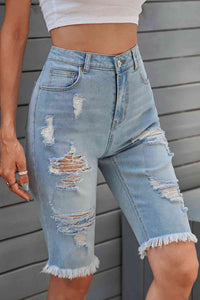 Thumbnail for Distressed Raw Hem Denim Bermuda Shorts