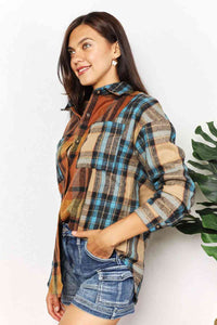 Thumbnail for Double Take Plaid Curved Hem Shirt Jacket with Breast Pockets