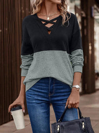 Thumbnail for Two-Tone Crisscross Detail Sweatshirt