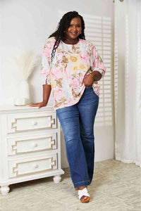 Thumbnail for Double Take Floral Round Neck Three-Quarter Sleeve Top