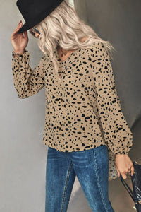 Thumbnail for Animal Print V-Neck High-Low Blouse