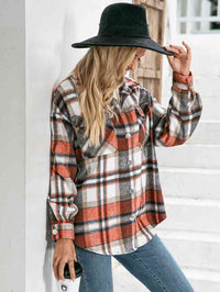 Thumbnail for Meet You Outside Plaid Button Down Curved Hem Shacket