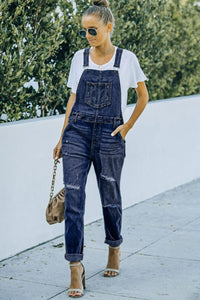 Thumbnail for Pocketed Distressed Denim Overalls