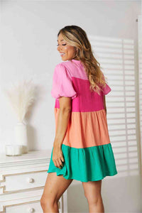 Thumbnail for Double Take Color Block Buttoned Puff Sleeve Dress