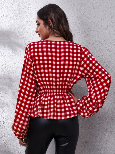 Plaid V-Neck Balloon Sleeve Peplum Blouse