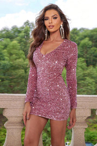 Thumbnail for Sequin V-Neck Long Sleeve Mini Dress