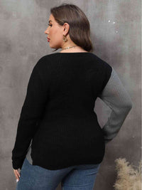 Thumbnail for Plus Size Two-Tone Surplice Neck Sweater