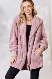 Thumbnail for H&T Faux Fur Open Front Hooded Jacket