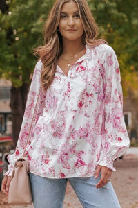 Thumbnail for Floral Tie Neck Flounce Sleeve Blouse