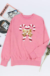 Thumbnail for Sequin Candy Cane Round Neck Slit Sweatshirt