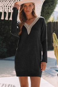 Thumbnail for V-Neck Long Sleeve Mini Sweater Dress