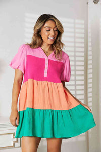 Thumbnail for Double Take Color Block Buttoned Puff Sleeve Dress